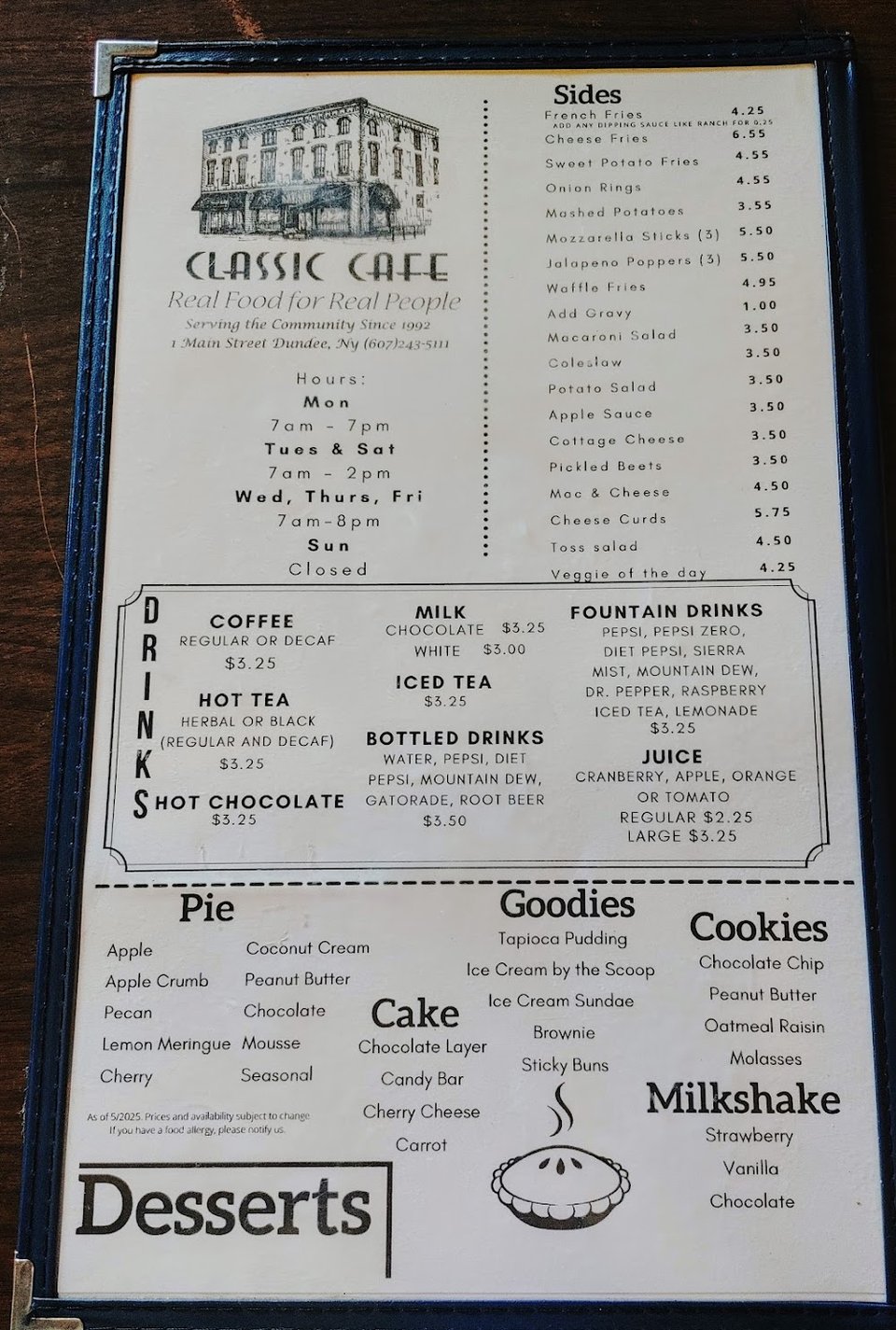 Printed menu showing breakfast, lunch, and dinner choices.
